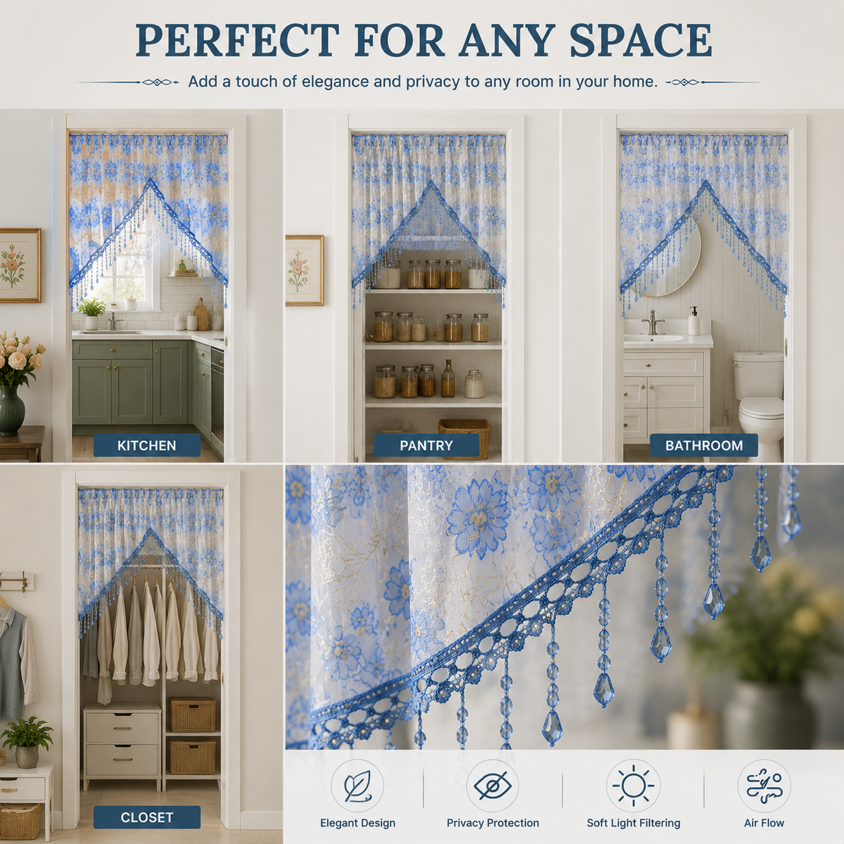 🌸 Rideau court de porte avec broderie florale et pompons ✨🧵 - Filtrage de lumière | Sans perçage | Polyester premium | 4 couleurs | Séparateur & Décoration | 50% DE RÉDUCTION