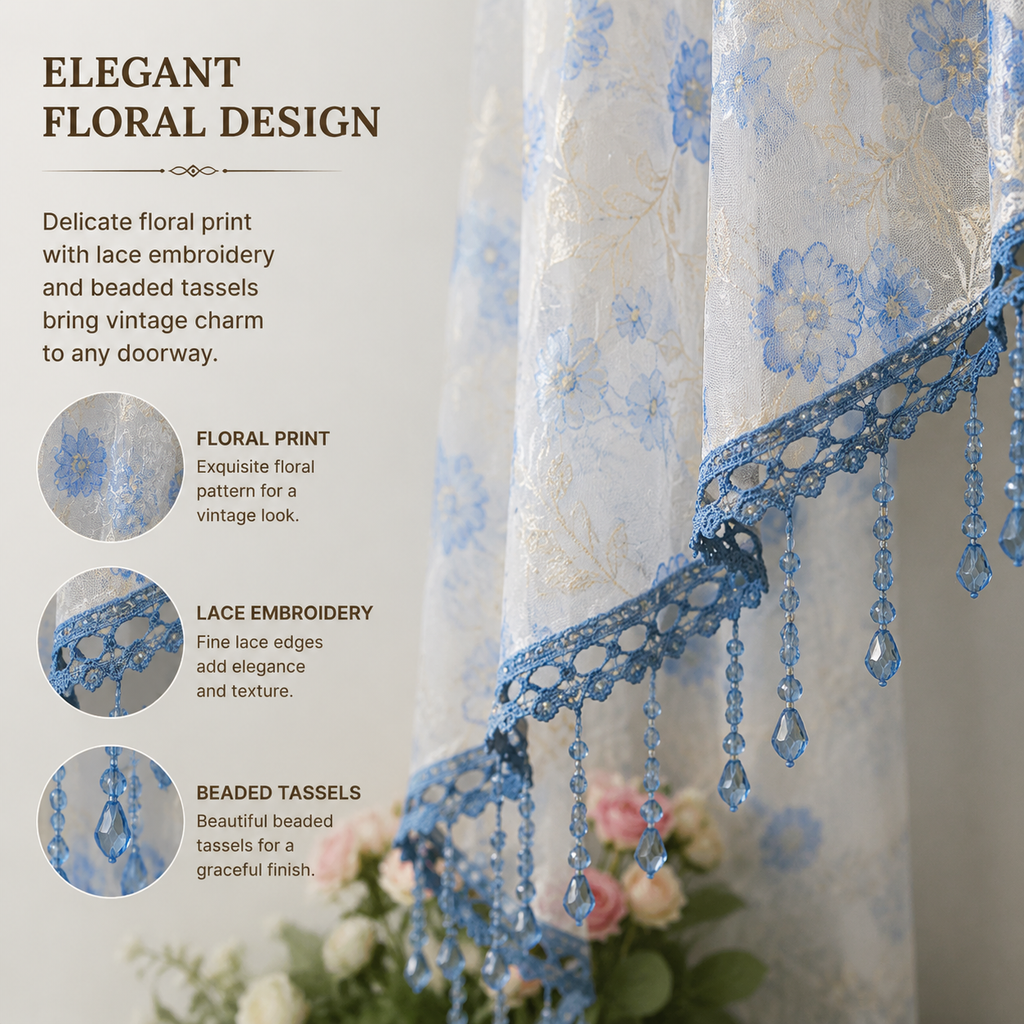 🌸 Rideau court de porte avec broderie florale et pompons ✨🧵 - Filtrage de lumière | Sans perçage | Polyester premium | 4 couleurs | Séparateur & Décoration | 50% DE RÉDUCTION