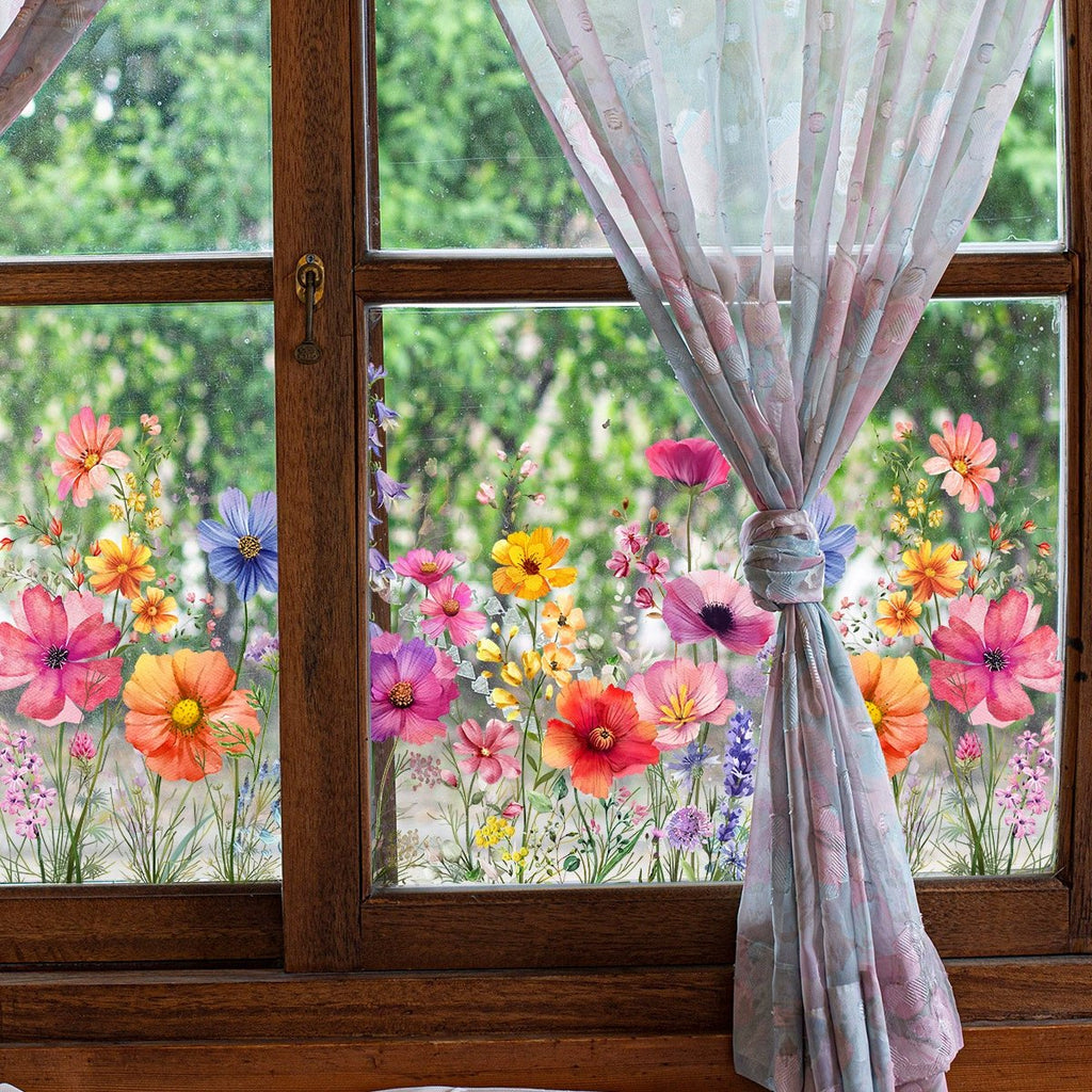 🌸🪩 Autocollant Décoratif de Fenêtre Bouquet Floral – Impression Recto-Verso, PVC Lavable, 30x60cm, Découpable – 12 Styles : Fleurs, Papillons & Peintures 🪴✨