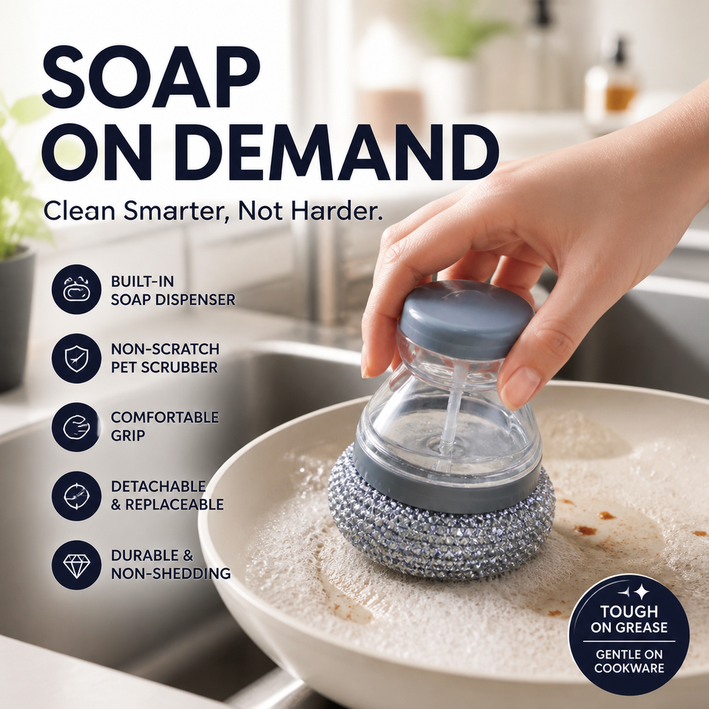 🧽Brosse vaisselle avec distributeur de savon 🧴 - Distribution par simple pression | Poils en PET anti-rayures | Idéale pour les casseroles et la cuisine | Tête amovible