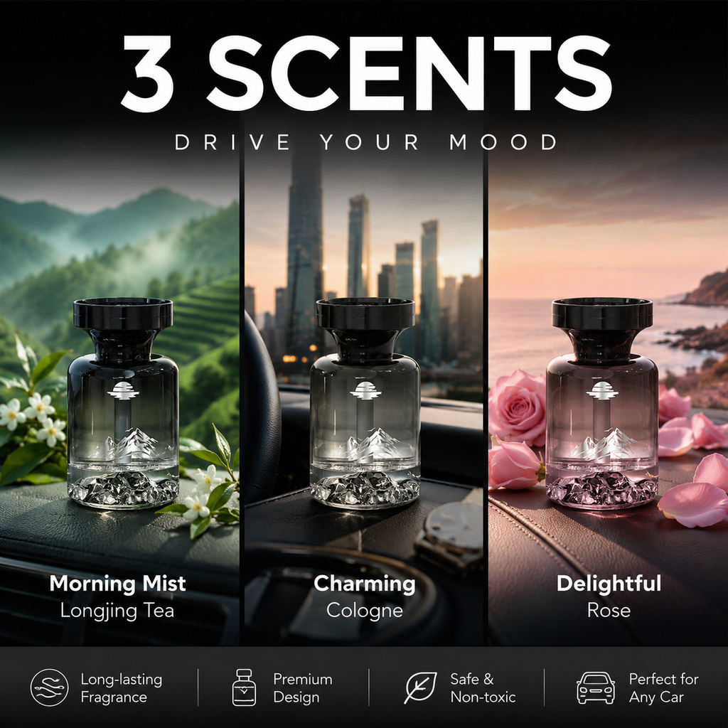 🌿 Désodorisant Voiture Design Montagne 110ml 🚗🏔️ - Extraits Naturels & Élimine les Odeurs | Parfum Longue Durée | 3 Parfums Premium (Longjing, Cologne, Rose) | Idéal pour Véhicules 💨