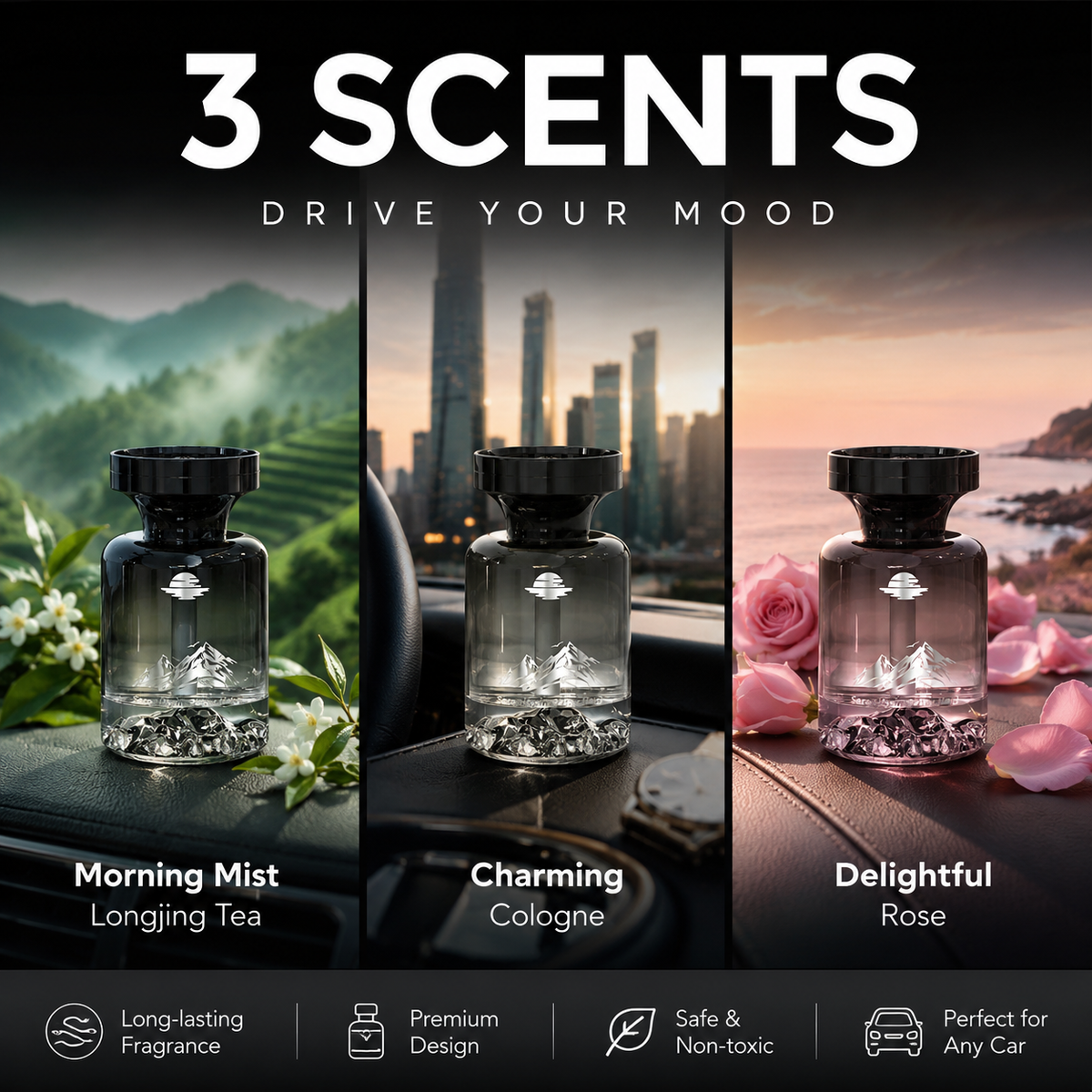 🌿 Désodorisant Voiture Design Montagne 110ml 🚗🏔️ - Extraits Naturels & Élimine les Odeurs | Parfum Longue Durée | 3 Parfums Premium (Longjing, Cologne, Rose) | Idéal pour Véhicules 💨