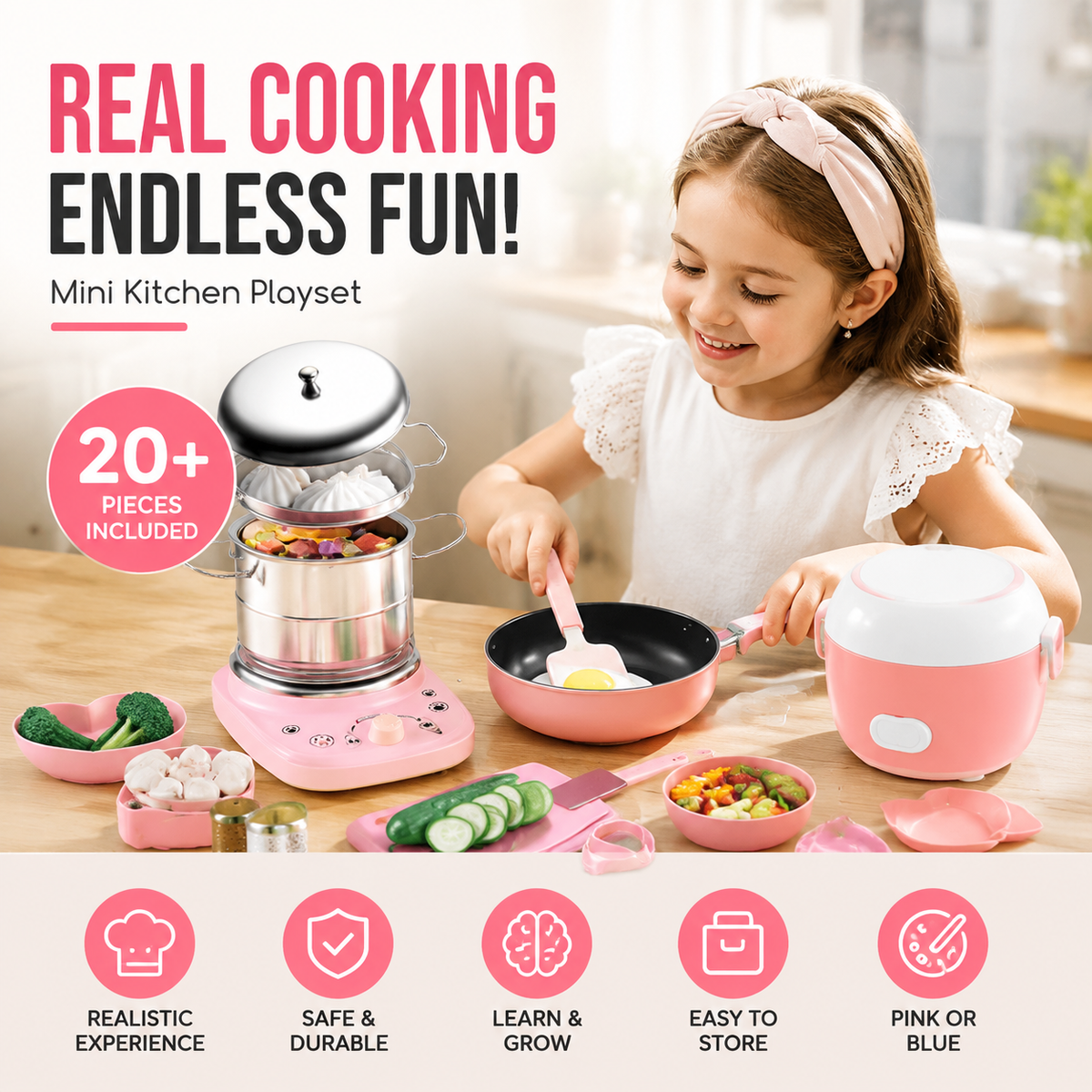 🍳 Mini Cuisine Jouet pour Enfants ✨👨‍🍳 - Ensemble 22 Pièces | Fonctionnelle & Réaliste | Rose & Bleu | Petits Chefs | Idée Cadeau Parfaite | 50% DE RÉDUCTION