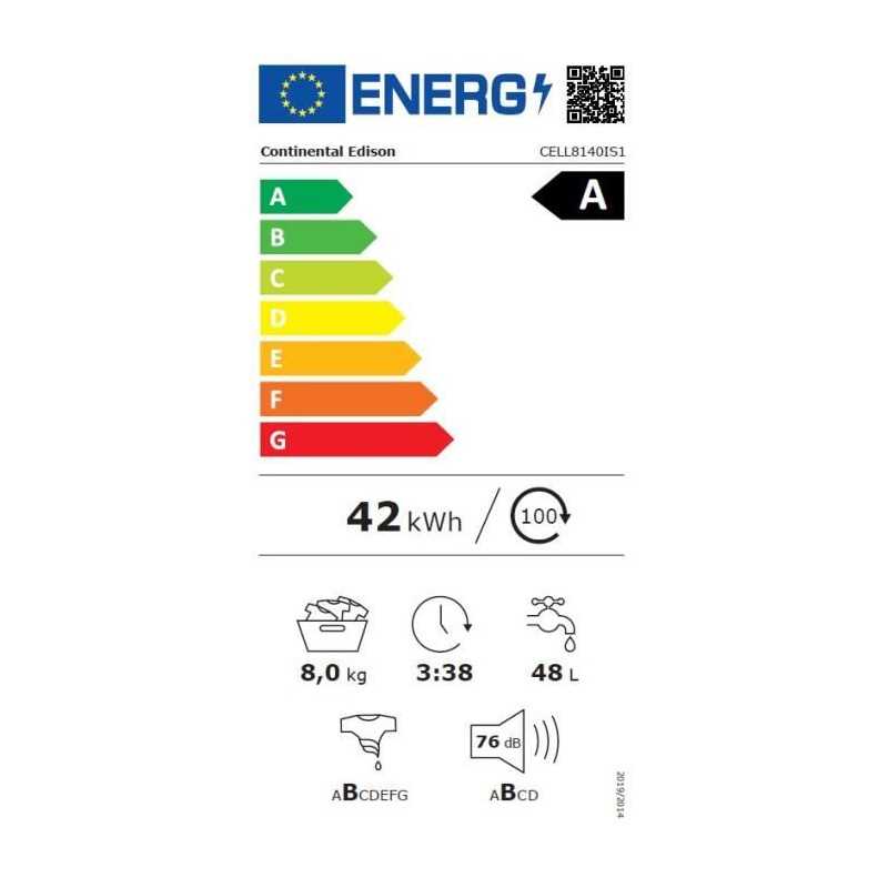 Washing machine - CONTINENTAL EDISON - CELL8140IS1 - 8kg - Induction motor - 60 cm - 1400 rpm - Silver