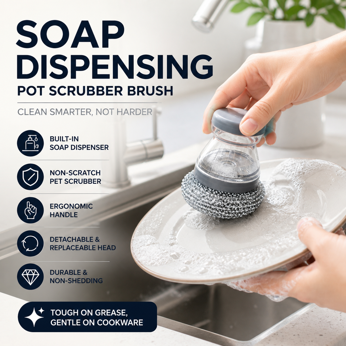 🧽Brosse vaisselle avec distributeur de savon 🧴 - Distribution par simple pression | Poils en PET anti-rayures | Idéale pour les casseroles et la cuisine | Tête amovible