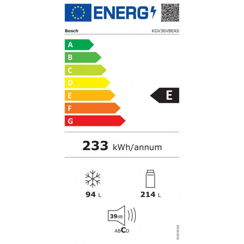 Combiné réfrigérateur-congélateur 214L Froid brassé BOSCH 60cm E, KGV36VBEAS