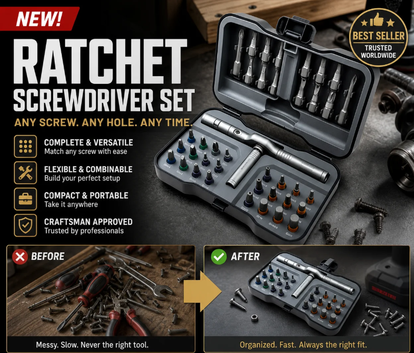 🔩🛠️ Jeu de Tournevis à Cliquet 24 en 1 – Acier S2 Chrome-Molybdène, Alliage d'Aluminium Forgé, 58 Dents, 5 Types d'Embouts, Compact & Portable – Idéal pour le Bricolage & l'Atelier ✨