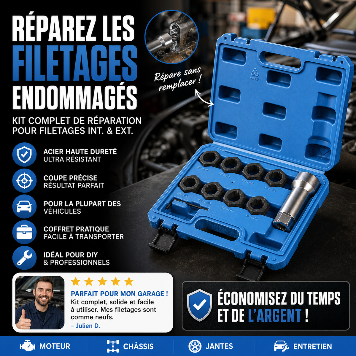 🔧✨ Kit Professionnel 10 Outils de Réparation de Filetages de Voiture – Répare les Vis et Boulons Endommagés, Universel – Indispensable pour Atelier & Bricolage 🚗🛠️