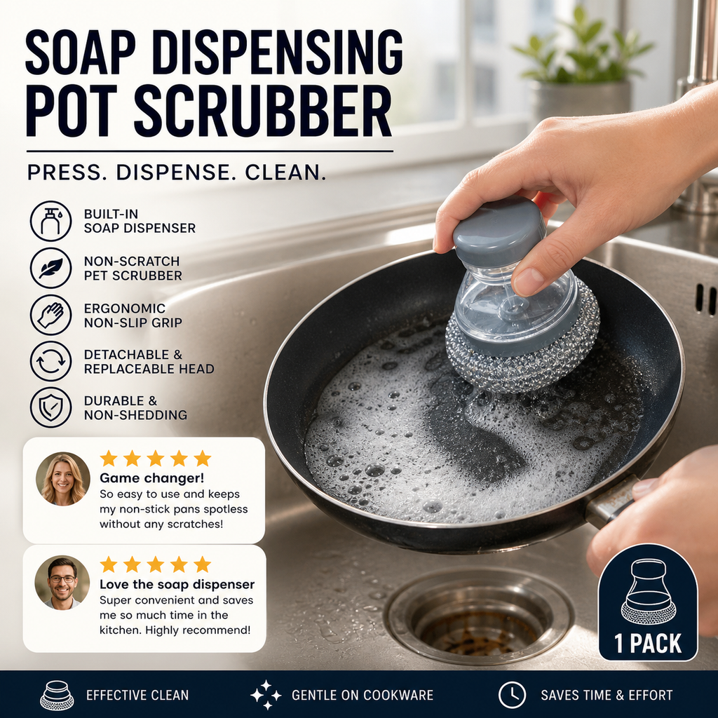 🧽Brosse vaisselle avec distributeur de savon 🧴 - Distribution par simple pression | Poils en PET anti-rayures | Idéale pour les casseroles et la cuisine | Tête amovible
