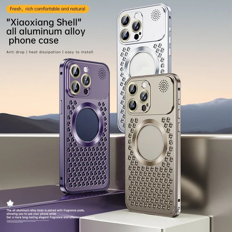 Étui de téléphone en métal avec dissipation de la chaleur, aromathérapie et résistance aux chutes