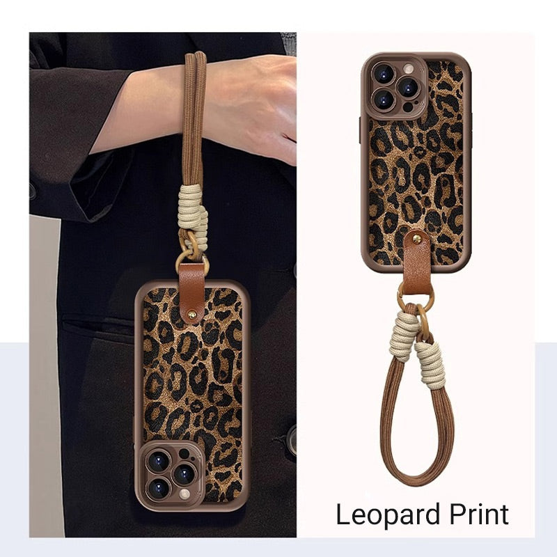 Housse de téléphone léopard avec lanière