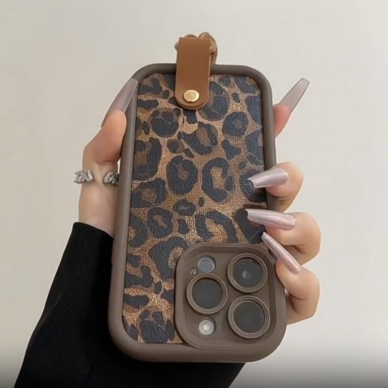 Housse de téléphone léopard avec lanière