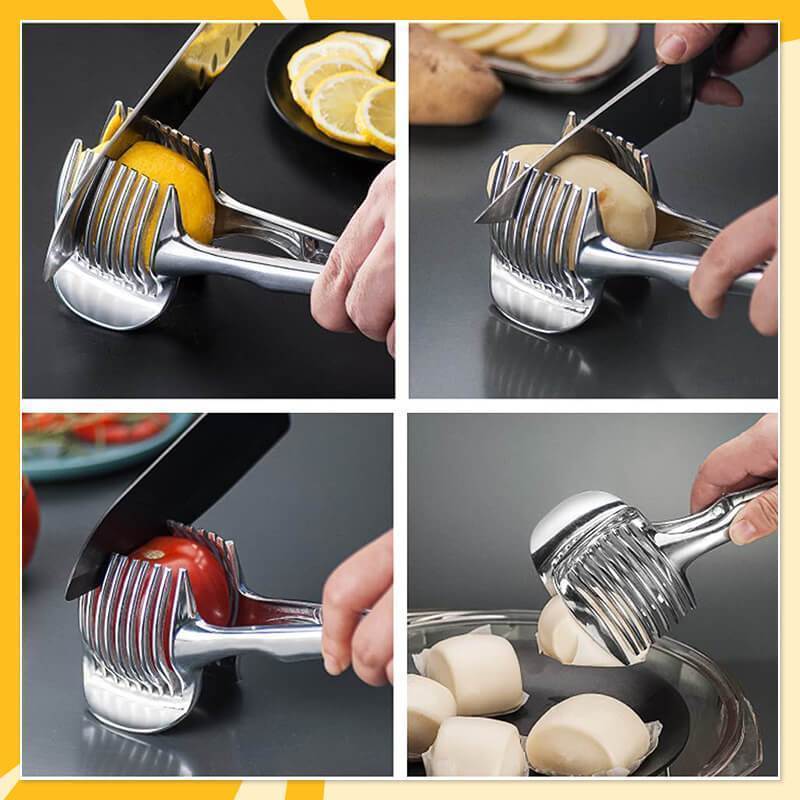 🍋🔪 Trancheuse de Cuisine Créative Ergonomique – Alliage d'Aluminium + ABS, 8 Fentes, Protège-Doigts, Crochet de Suspension – Pour Citrons, Tomates, Oignons & Fruits – 2 Versions ✨