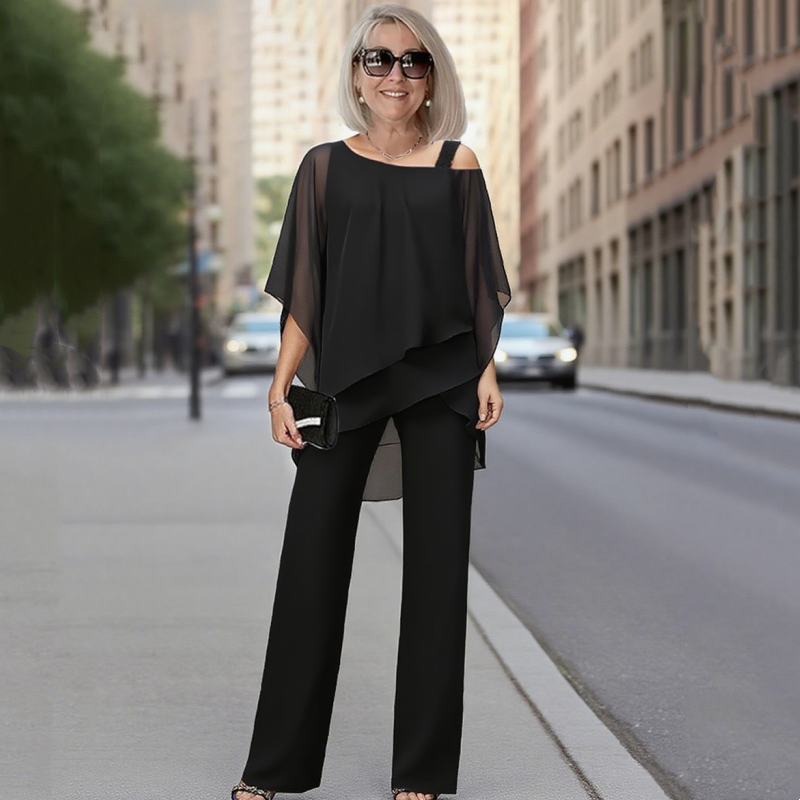 ⏳50% de réduction à durée limitée⏰Haut asymétrique en mousseline et pantalon pattes d'éléphant 2 pièces pour femme👚👖