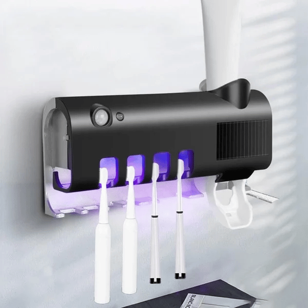 🦷 Stérilisateur UV Mural pour Brosses à Dents | Stérilisation à 99,9 % 🦠 | Distributeur de Dentifrice & 4 Supports 🪥 | Recharge Solaire et USB ☀️ | Capteur de Sécurité PIR 🛡️