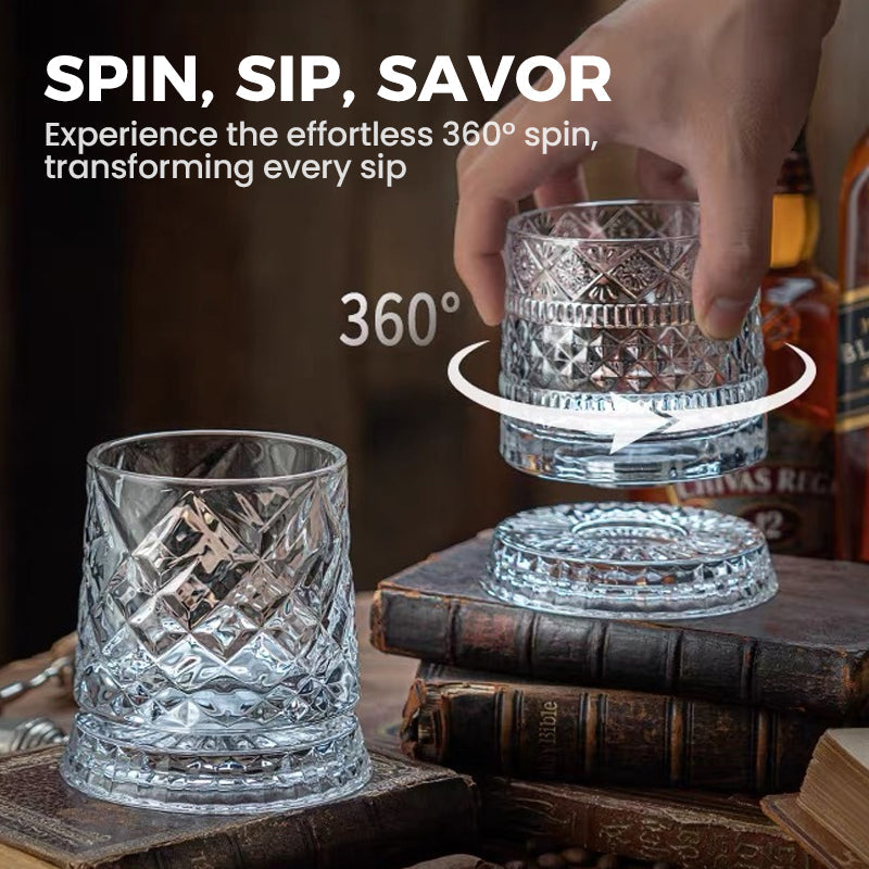 🥃Verre à Whisky Rotatif à 360° – Verre sans Plomb 300ml, Base Stable, Motifs en Relief 3D – 7 Styles, Idéal pour Whisky, Bourbon & Cocktails 💯✨