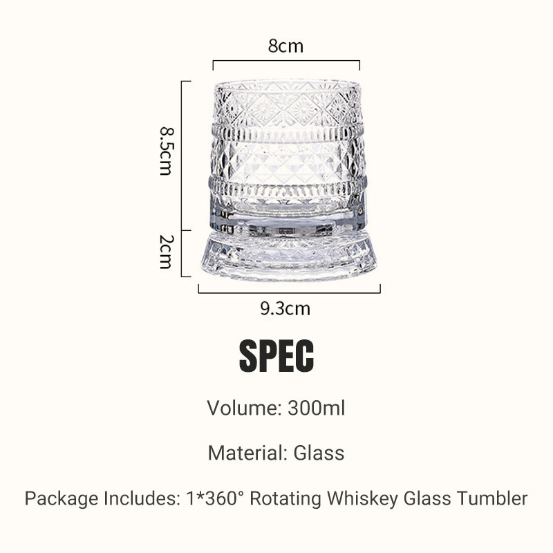 🥃Verre à Whisky Rotatif à 360° – Verre sans Plomb 300ml, Base Stable, Motifs en Relief 3D – 7 Styles, Idéal pour Whisky, Bourbon & Cocktails 💯✨
