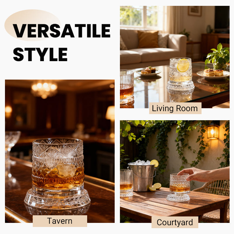 🥃Verre à Whisky Rotatif à 360° – Verre sans Plomb 300ml, Base Stable, Motifs en Relief 3D – 7 Styles, Idéal pour Whisky, Bourbon & Cocktails 💯✨