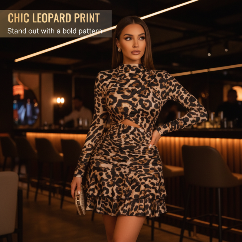 Robe courte à fronces et imprimé léopard pour femme