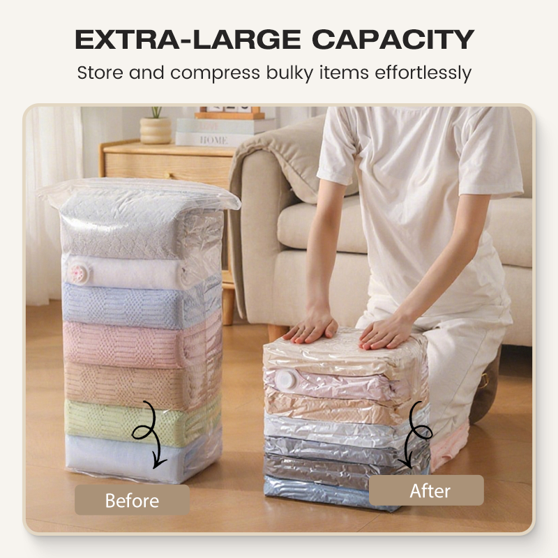 🧳💨 Sacs Sous Vide Sans Pompe – Économisez 80% d'Espace, Matériau PA+PE Anti-Moisissure, 2 Tailles – Pour Vêtements, Literie & Articles Saisonniers 🛏️✨