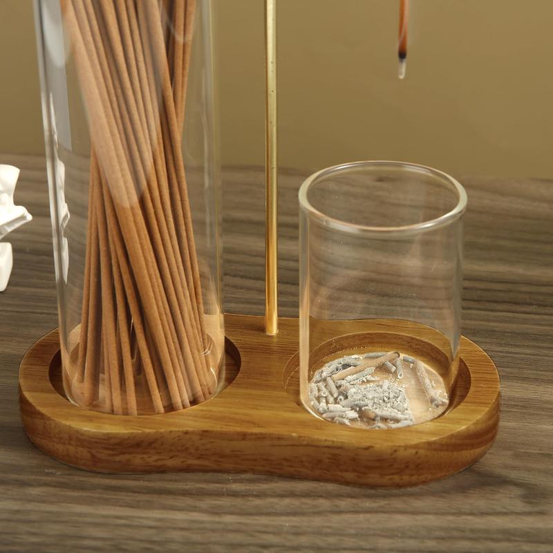 🕯️ Porte-Encens 2-en-1 en Bois Naturel – Double Coupe en Verre | Pince en Acier | Récupère les Cendres | Pour Yoga, Méditation & Détente 🧘✨