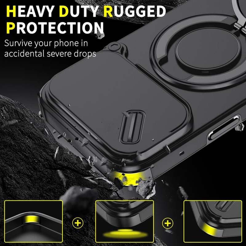 📱 Coque Magnétique Antichoc pour iPhone avec Anneau Support 🔄 | Protection Caméra, Porte-Cartes & Support Rotatif | Idéale pour Vidéos, Appels Vidéo, Navigation & Voiture | TPU + Polycarbonate
