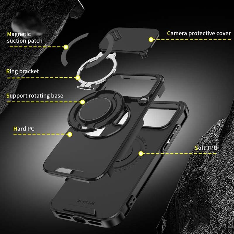 📱 Coque Magnétique Antichoc pour iPhone avec Anneau Support 🔄 | Protection Caméra, Porte-Cartes & Support Rotatif | Idéale pour Vidéos, Appels Vidéo, Navigation & Voiture | TPU + Polycarbonate