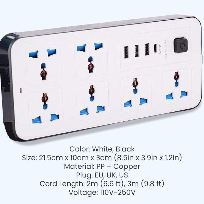 🔌 Multiprise avec rallonge longue ⚡✨ - PP + Cuivre Pur | Ports USB intégrés | Protection contre les surtensions | Interrupteur principal | 2m/3m | 50% DE RÉDUCTION