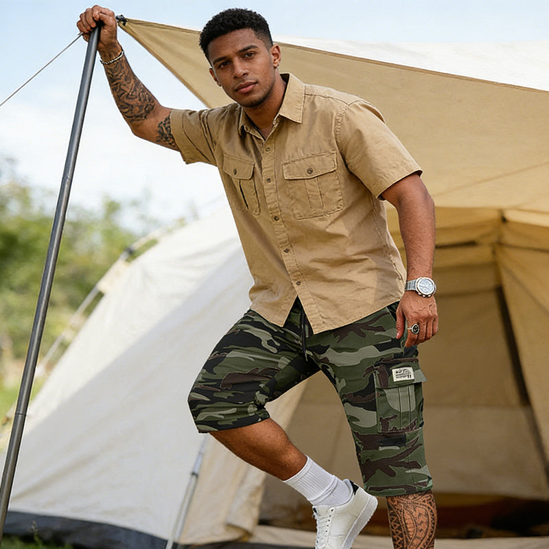 🩳 50 % DE RÉDUCTION MAINTENANT ! ⚡ Short cargo camouflage pour homme – Multi-poches, ajustable et respirant (2XS–3XL) 🏔️