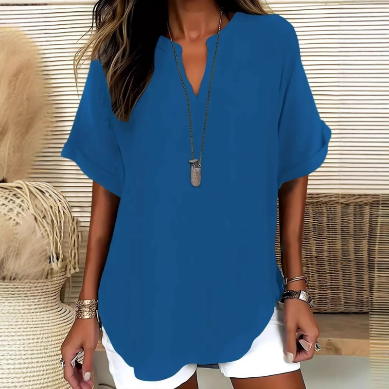👚-60% DE RABAIS ! 🔥Haut court chic à manches courtes, col en V profond, ourlet asymétrique et tissu léger (5 couleurs, tailles S à 2XL) 🌸