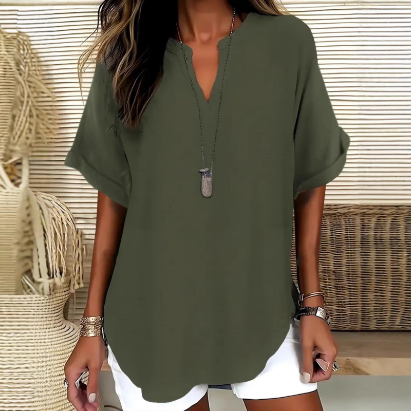 👚-60% DE RABAIS ! 🔥Haut court chic à manches courtes, col en V profond, ourlet asymétrique et tissu léger (5 couleurs, tailles S à 2XL) 🌸