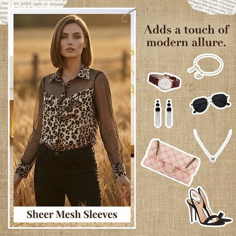 👚60 % DE RABAIS ! 🐆 Blouse léopard pour femme avec empiècements en maille contrastée – Manches longues, coupe ajustée et parfaite pour le bureau et les sorties du soir ✨
