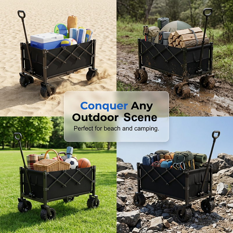 🛒 Chariot Pliant Robuste à Roues – 130L, Capacité 80kg, Cadre en Acier au Carbone, Tissu Oxford 600D, Roues 6” ou 7” – 2 Couleurs, Pliage en 1 Seconde ✨🏕️