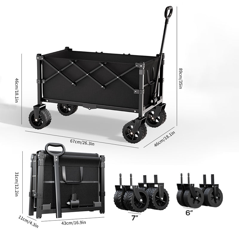 🛒 Chariot Pliant Robuste à Roues – 130L, Capacité 80kg, Cadre en Acier au Carbone, Tissu Oxford 600D, Roues 6” ou 7” – 2 Couleurs, Pliage en 1 Seconde ✨🏕️
