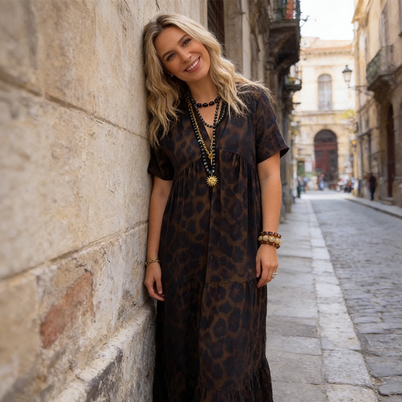 Robe longue femme col V imprimé léopard