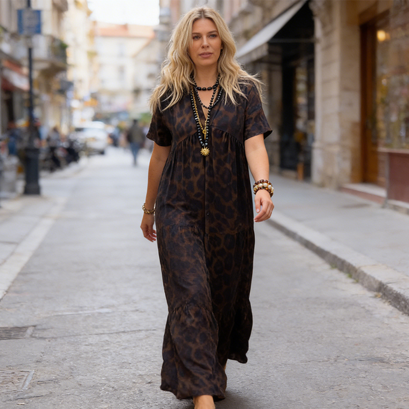 Robe longue femme col V imprimé léopard