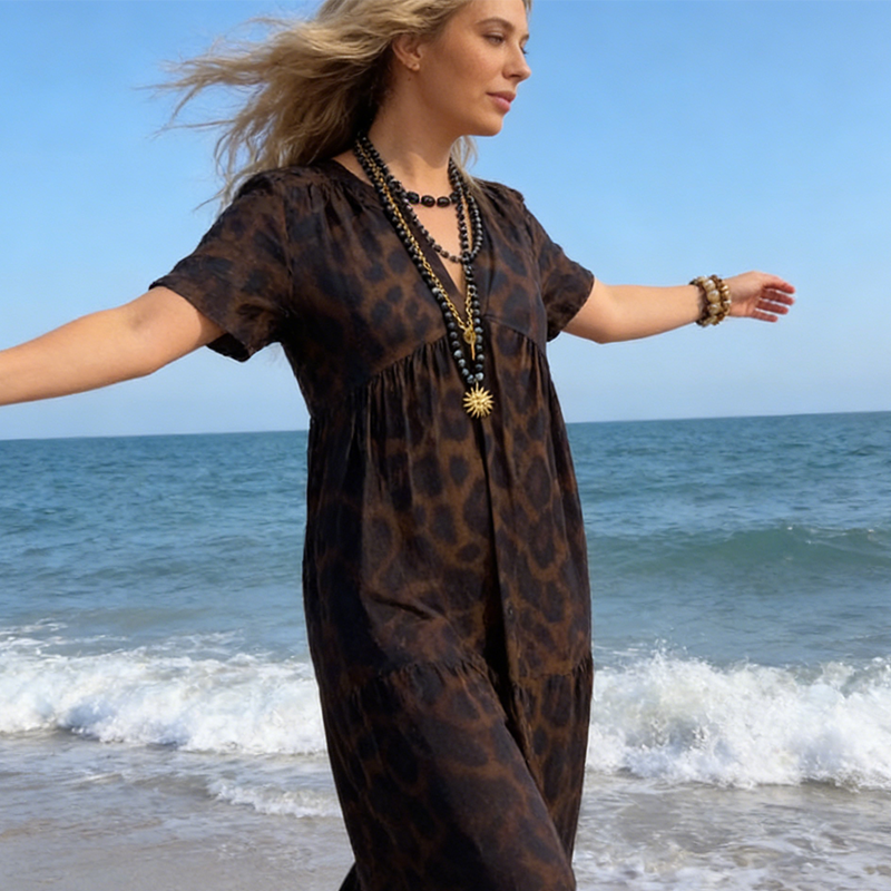 Robe longue femme col V imprimé léopard