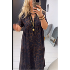 Robe longue femme col V imprimé léopard