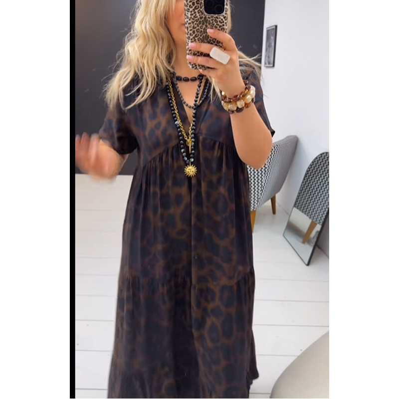 Robe longue femme col V imprimé léopard
