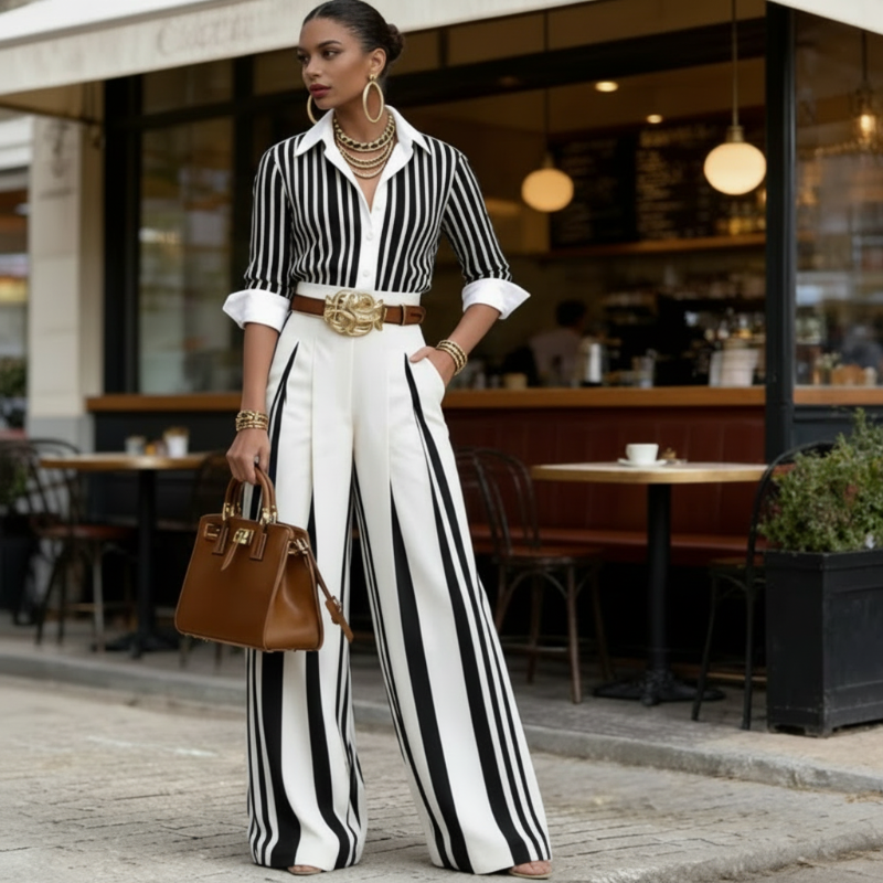 🟥SOLDES D'ÉTÉ🟥💞PLUS DE 50 000 ARTICLES VENDUS !💥50 % DE RÉDUCTION ! 🔥 Ensemble 2 pièces pour femme : chemise à rayures et pantalon large
