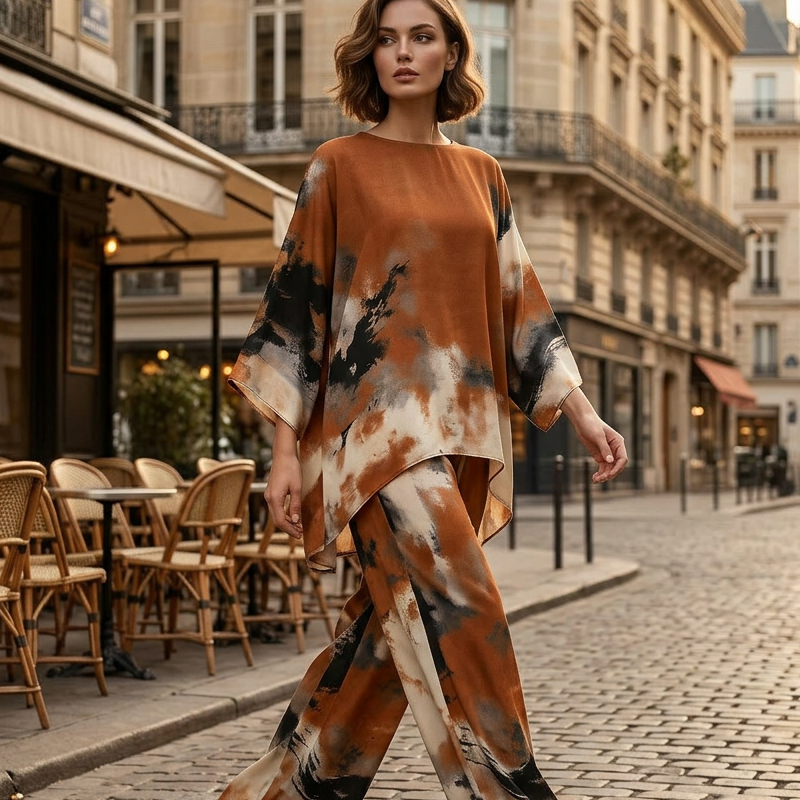 🥳SOLDES EXCEPTIONNELLES 2026🥳💞Plus de 50 000 vendus ! Ensemble composé d'un pantalon ample et d'un top à imprimé abstrait.