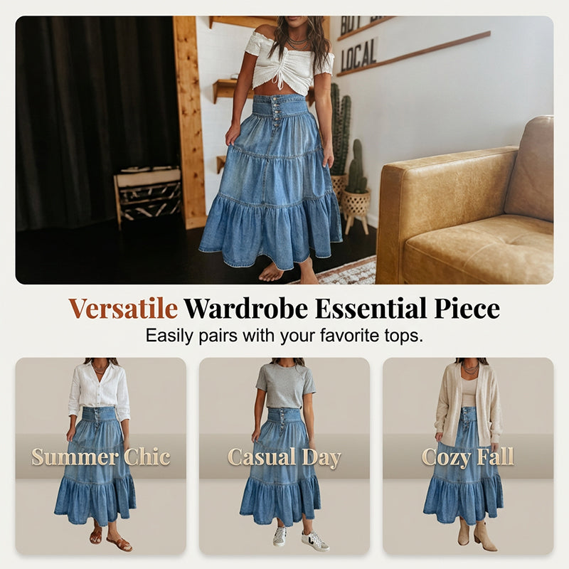 👗 40 % DE RÉDUCTION POUR UNE DURÉE LIMITÉE ! ✨ Jupe longue en jean – Taille haute, à volants, coupe trapèze, boutonnée sur le devant ✨