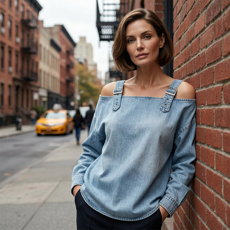 Top en Jean pour Femme à Bretelles Larges et Épaules Dénudées ✨☀️ - Décontracté Estival | 9 Couleurs | Tailles S-3XL | Doux & Respirant | Look Chic | 50% DE RÉDUCTION