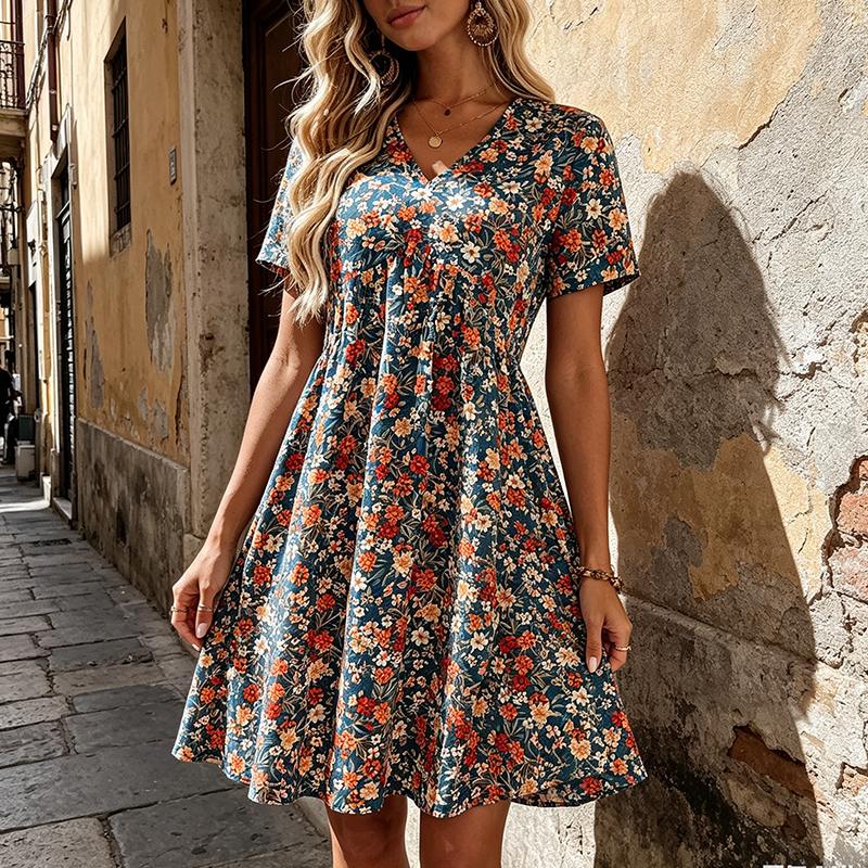 Robe d'été fleurie pour femme, col en V et manches courtes.