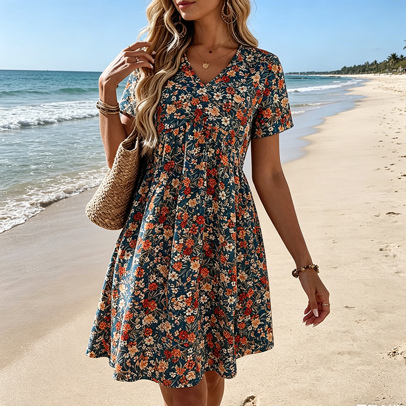 Robe d'été fleurie pour femme, col en V et manches courtes.