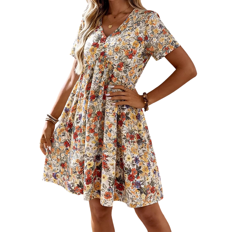 Robe d'été fleurie pour femme, col en V et manches courtes.