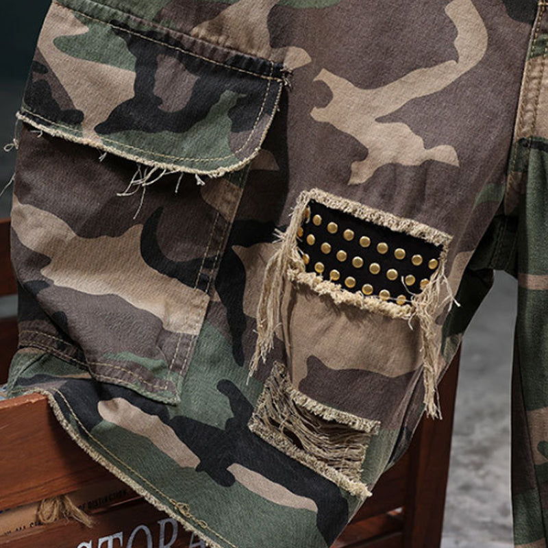 🔥 50 % DE RÉDUCTION MAINTENANT !⚡ Short cargo clouté imprimé camouflage pour homme – Effet usé, multipoches et taille élastiquée – Short cargo streetwear robuste 🛹
