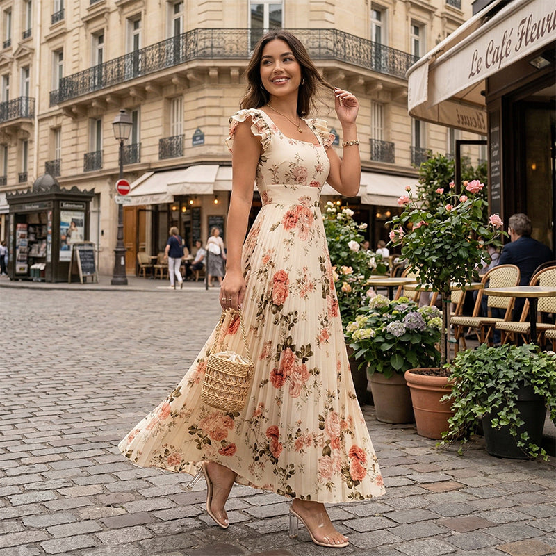 🌸Nouveautés 2026🌸 👗 Élégante robe longue plissée à imprimé floral ✨ – Encolure carrée romantique, manches à volants et jupe florale fluide🌷