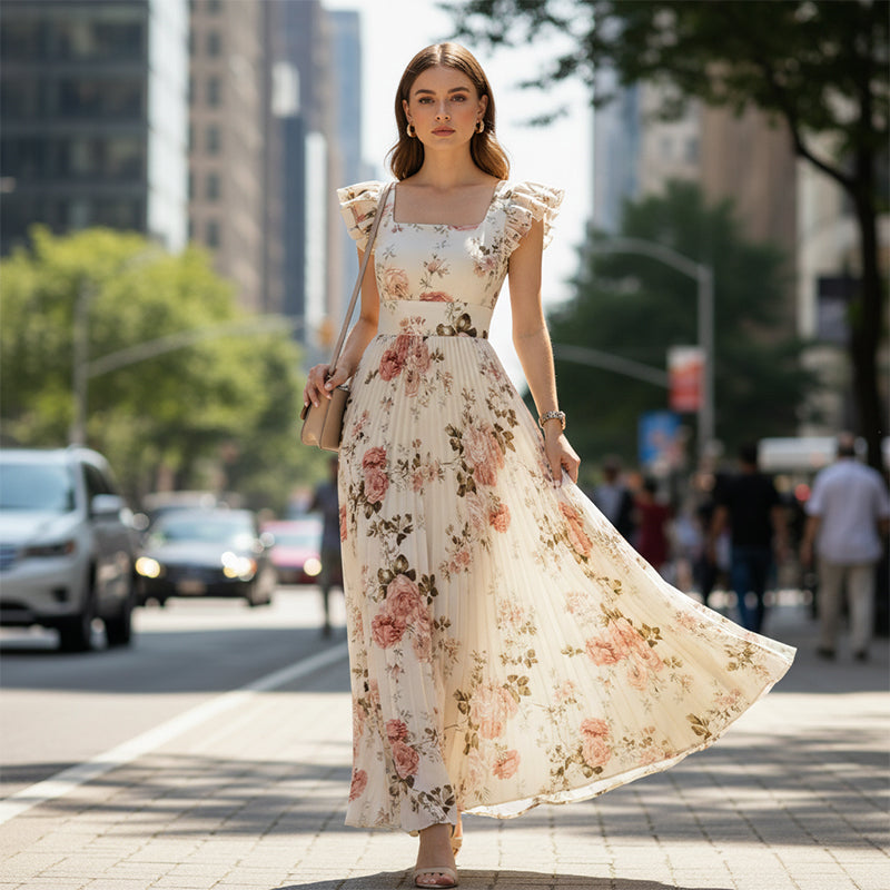 🌸Nouveautés 2026🌸 👗 Élégante robe longue plissée à imprimé floral ✨ – Encolure carrée romantique, manches à volants et jupe florale fluide🌷