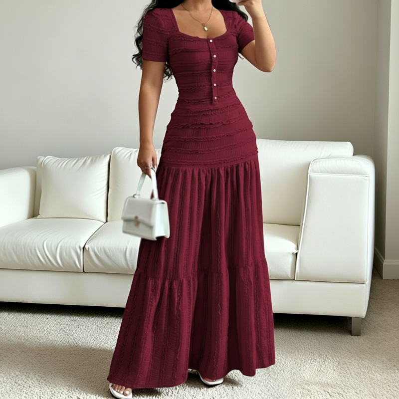 🌞 Élégance Sans Effort ! | 👗 Haut Flatteur à Col Carré + Jupe Longue Légère, 🍃 Respirant Toute la Journée, 👡 Parfait pour les Promenades et les Dîners d'Été, 💫 Style Féminin et Confort Absolu